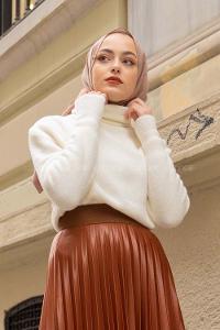 Modalamelif Balıkçı Yaka Düz Renk Kazak Ekru