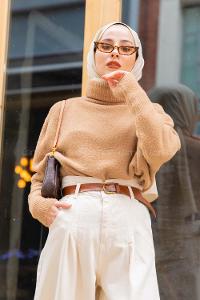 Modalamelif Balıkçı Yaka Düz Renk Kazak Sütlü Kahve