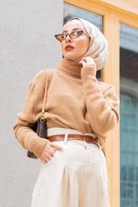 Modalamelif Balıkçı Yaka Düz Renk Kazak Sütlü Kahve