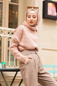 Modalamelif Balıkçı Yaka T Kol Kazak Pudra