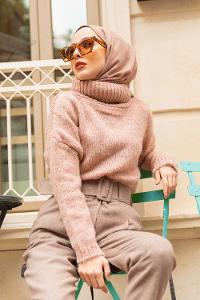 Modalamelif Balıkçı Yaka T Kol Kazak Pudra