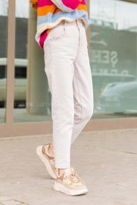 Modalamelif Beli Lastikli Mom Kot Pantolon Bej