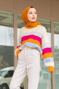 Modalamelif Beş Renk Şeritli Kazak Oranj