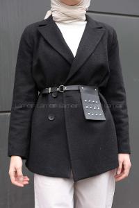 Modalamelif Çanta Detaylı Kaşe Ceket  Siyah