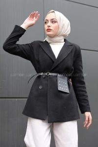 Modalamelif Çanta Detaylı Kaşe Ceket  Siyah