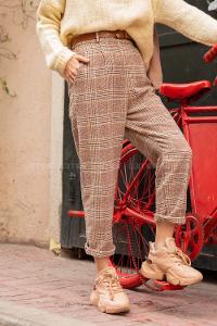 Modalamelif Ekose Desen Havuç Pantolon Kahverengi