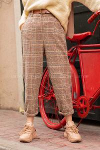 Modalamelif Ekose Desen Havuç Pantolon Kahverengi