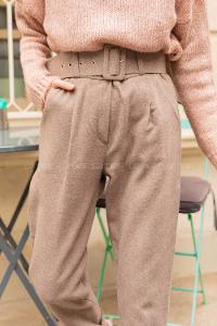 Modalamelif  Geniş Kemerli Kaşe Pantolon  Vizonrengi