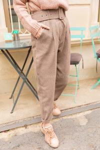 Modalamelif  Geniş Kemerli Kaşe Pantolon  Vizonrengi