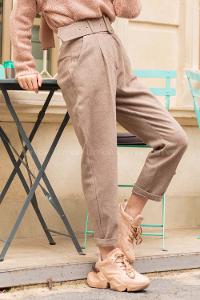 Modalamelif  Geniş Kemerli Kaşe Pantolon  Vizonrengi