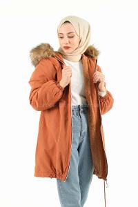 Modalamelif İçi Kürklü Arkası Süs fermuar Detaylı Kaban Kiremit