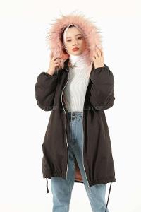 Modalamelif İçi Kürklü Arkası Süs fermuar Detaylı Kaban Siyah