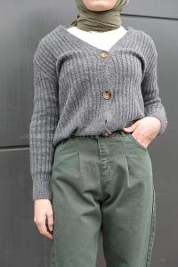 Modalamelif Önü Düğmeli Fitilli  Hırka Antrasit