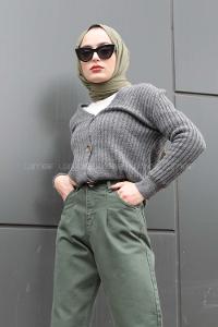 Modalamelif Önü Düğmeli Fitilli  Hırka Antrasit