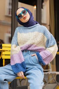 Modalamelif Renkli Çizgili Kazak  İndigo