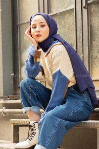 Modalamelif Üç Renk İntersiye Kazak  İndigo Ekru