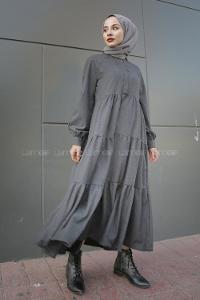 Modalamelif Hakim Yaka Önü Yarım Düğmeli Elbise Füme