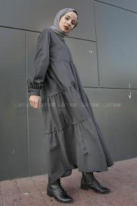 Modalamelif Hakim Yaka Önü Yarım Düğmeli Elbise Füme