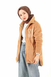 Modalamelif Önü Fermuarlı Peluş Mont Camel