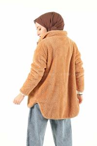 Modalamelif Önü Fermuarlı Peluş Mont Camel