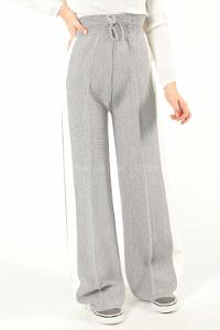 Modalamelif Şeritli Bol Paça Triko Pantolon Gri