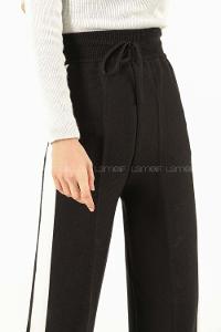 Modalamelif Şeritli Bol Paça Triko Pantolon Siyah