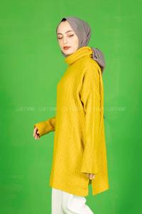 Modalamelif Fitilli  Boğazlı Triko Kazak Hardal Sarısı