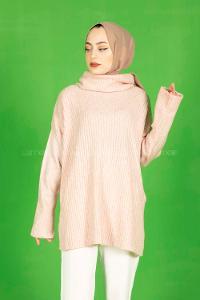 Modalamelif Fitilli  Boğazlı Triko Kazak Pudra