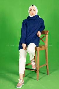 Modalamelif Fitilli  Boğazlı Triko Kazak Saks Mavisi