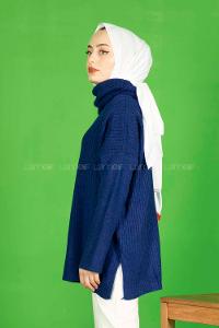 Modalamelif Fitilli  Boğazlı Triko Kazak Saks Mavisi