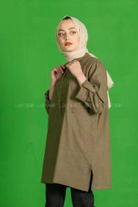 Modalamelif  Fermuar Cep Detaylı Salaş Gömlek Haki