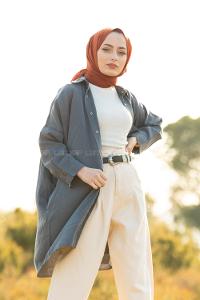 Modalamelif Oversize Gizli Cepli Kot Gömlek Füme