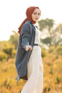 Modalamelif Oversize Gizli Cepli Kot Gömlek Füme