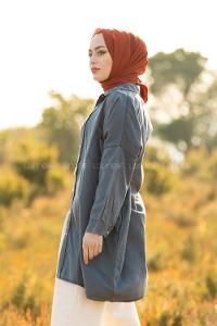 Modalamelif Oversize Gizli Cepli Kot Gömlek Füme