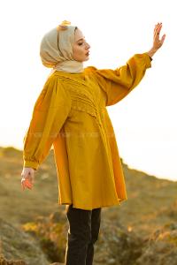 Modalamelif Balon Kol Gipeli Gömlek Tunik Hardal Sarısı