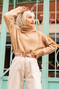 Modalamelif Balıkçı Yaka T Kol Kazak Karamel