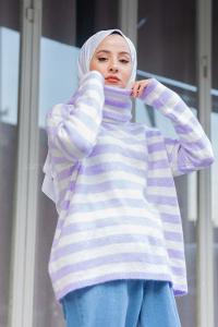 Modalamelif Balıkçı Yaka Çizgili Kazak Lila