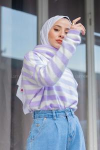 Modalamelif Balıkçı Yaka Çizgili Kazak Lila