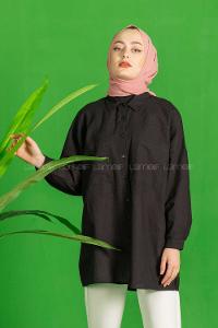 Modalamelif Çift Cepli Salaş Keten Gömlek Siyah