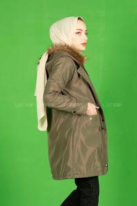 Modalamelif İçi Kürklü Kapşonlu Bondit Mont Haki