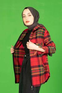 Modalamelif Önü Fermuarlı Cepli Gömlek Kırmızı