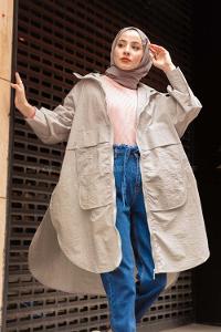 Modalamelif Önü Fermuarlı Kapşonlu Yağmurluk Gri