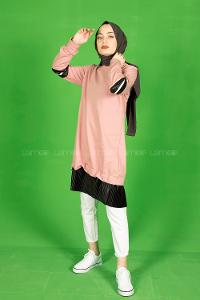 Modalamelif Eteği Fırfırlı Düz Renk Tunik Pudra