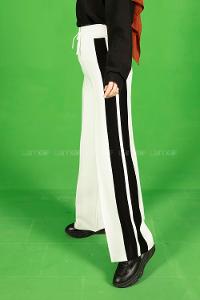 Modalamelif Şeritli Bol Paça Triko Pantolon Ekru