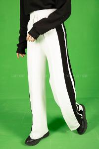 Modalamelif Şeritli Bol Paça Triko Pantolon Ekru