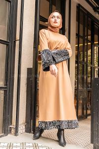 Modalamelif Kuşaklı Pul Payet Elbise Camel