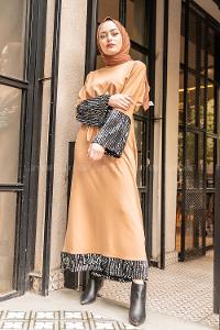 Modalamelif Kuşaklı Pul Payet Elbise Camel