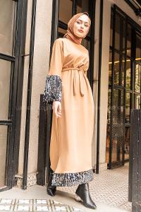 Modalamelif Kuşaklı Pul Payet Elbise Camel
