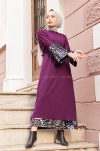 Modalamelif Kuşaklı Pul Payet Elbise Mürdüm