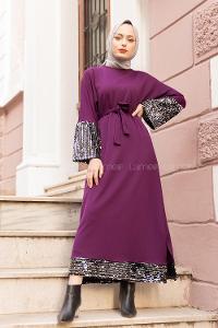 Modalamelif Kuşaklı Pul Payet Elbise Mürdüm